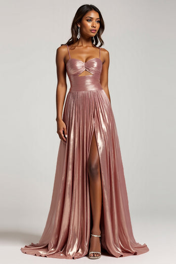 Sparkly Dusty Rose A Line Satin Pleated Keyhole Long Prom Dress with Slit