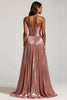 Load image into Gallery viewer, Sparkly Dusty Rose A Line Satin Pleated Keyhole Long Prom Dress with Slit