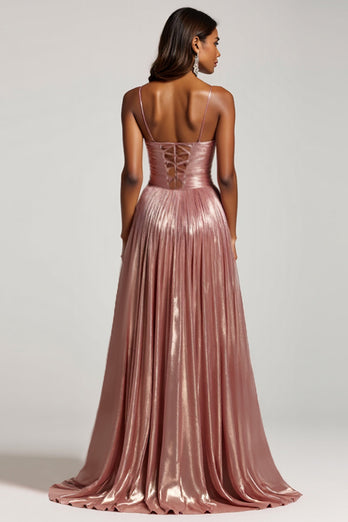 Sparkly Dusty Rose A Line Satin Pleated Keyhole Long Prom Dress with Slit