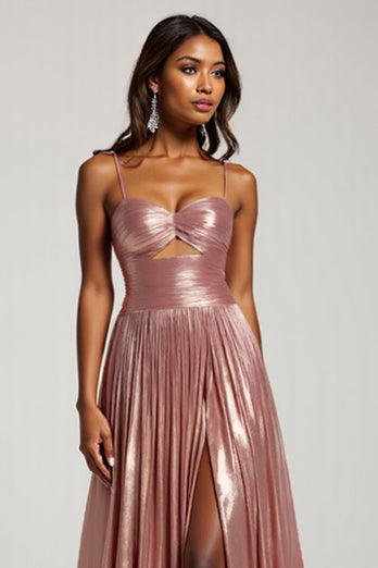 Sparkly Dusty Rose A Line Satin Pleated Keyhole Long Prom Dress with Slit