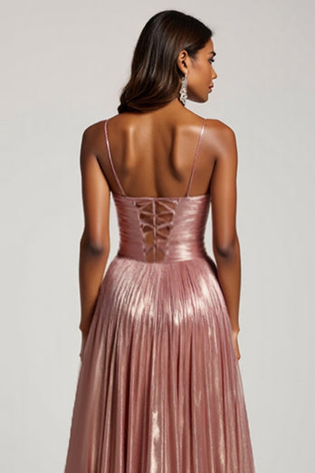 Sparkly Dusty Rose A Line Satin Pleated Keyhole Long Prom Dress with Slit