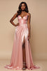 Load image into Gallery viewer, Sparkly Blush Pink A Line Satin Ruched Long Prom Dress with Slit