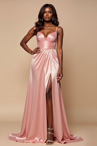 Sparkly Blush Pink A Line Satin Ruched Long Prom Dress with Slit