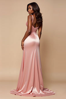 Sparkly Blush Pink A Line Satin Ruched Long Prom Dress with Slit