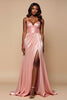 Load image into Gallery viewer, Sparkly Blush Pink A Line Satin Ruched Long Prom Dress with Slit