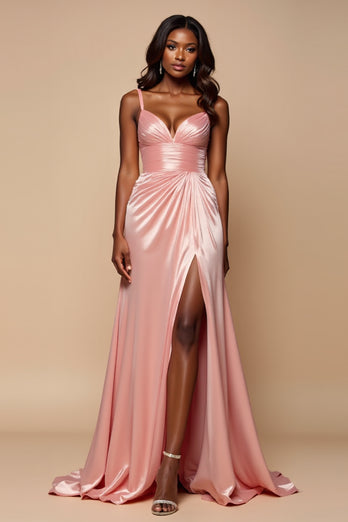 Sparkly Blush Pink A Line Satin Ruched Long Prom Dress with Slit