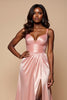 Load image into Gallery viewer, Sparkly Blush Pink A Line Satin Ruched Long Prom Dress with Slit