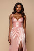 Load image into Gallery viewer, Sparkly Blush Pink A Line Satin Ruched Long Prom Dress with Slit