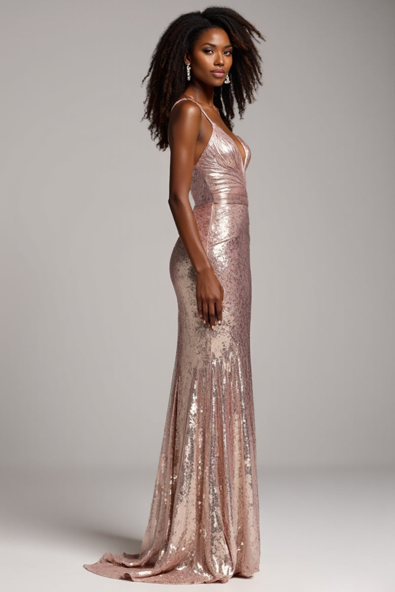 Load image into Gallery viewer, Sparkly Dusty Rose Sheath Satin Deep V-Neck Long Prom Dress with Sequins