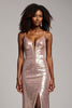 Load image into Gallery viewer, Sparkly Dusty Rose Sheath Satin Deep V-Neck Long Prom Dress with Sequins