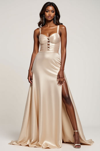 Sparkly Champagne A Line Sweetheart Satin Long Prom Dress with Slit