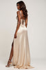 Load image into Gallery viewer, Sparkly Champagne A Line Sweetheart Satin Long Prom Dress with Slit