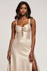 Load image into Gallery viewer, Sparkly Champagne A Line Sweetheart Satin Long Prom Dress with Slit