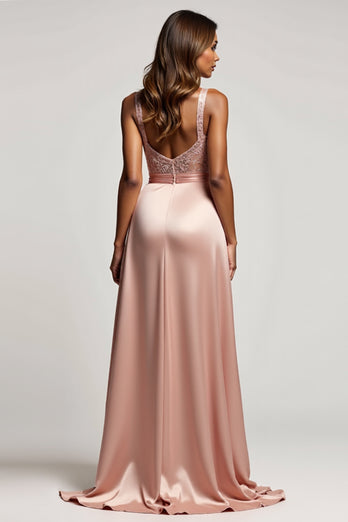 Dusty Rose A Line Satin Deep V-Neck Long Prom Dress