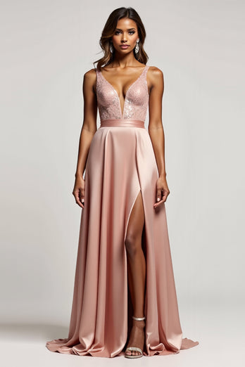 Dusty Rose A Line Satin Deep V-Neck Long Prom Dress