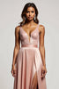 Load image into Gallery viewer, Dusty Rose A Line Satin Deep V-Neck Long Prom Dress