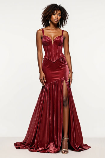 Corset Burgundy Mermaid Velvet Long Prom Dress with Slit