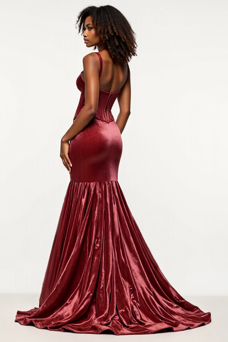 Load image into Gallery viewer, Corset Burgundy Mermaid Velvet Long Prom Dress with Slit