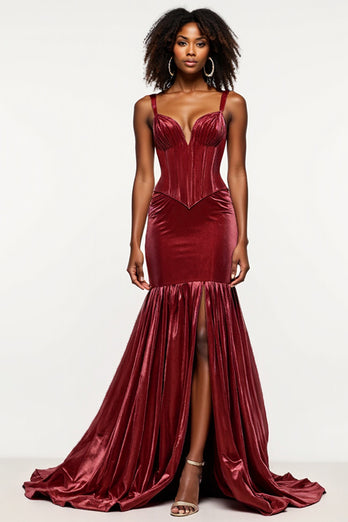 Corset Burgundy Mermaid Velvet Long Prom Dress with Slit