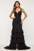 Load image into Gallery viewer, Black Sheath Tulle Tiered V-Neck Long Prom Dress