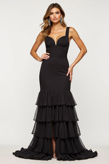 Black Sheath Tulle Tiered V-Neck Long Prom Dress