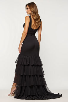 Black Sheath Tulle Tiered V-Neck Long Prom Dress