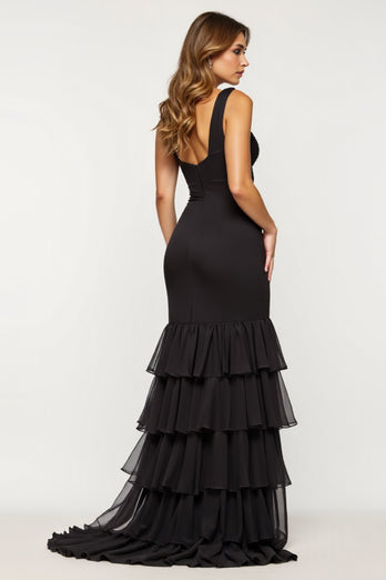 Black Sheath Tulle Tiered V-Neck Long Prom Dress