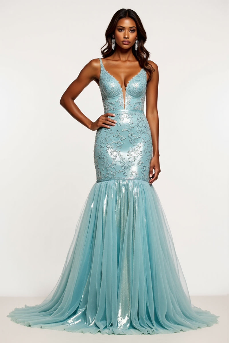 Load image into Gallery viewer, Sparkly Light Blue Mermaid V-Neck Long Prom Dress