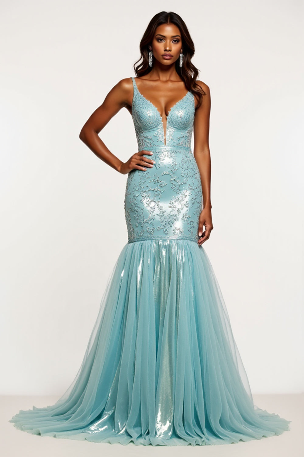 Sparkly Light Blue Mermaid V-Neck Long Prom Dress