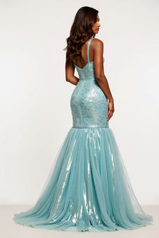 Sparkly Light Blue Mermaid V-Neck Long Prom Dress