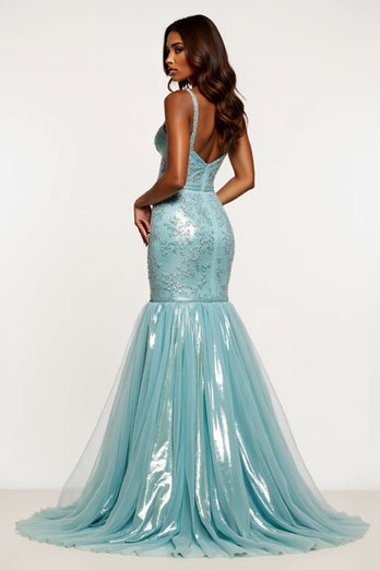 Sparkly Light Blue Mermaid V-Neck Long Prom Dress