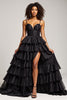 Load image into Gallery viewer, Black Ball Gown Long Tiered Prom Dress With Slit