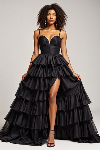 Black Ball Gown Long Tiered Prom Dress With Slit