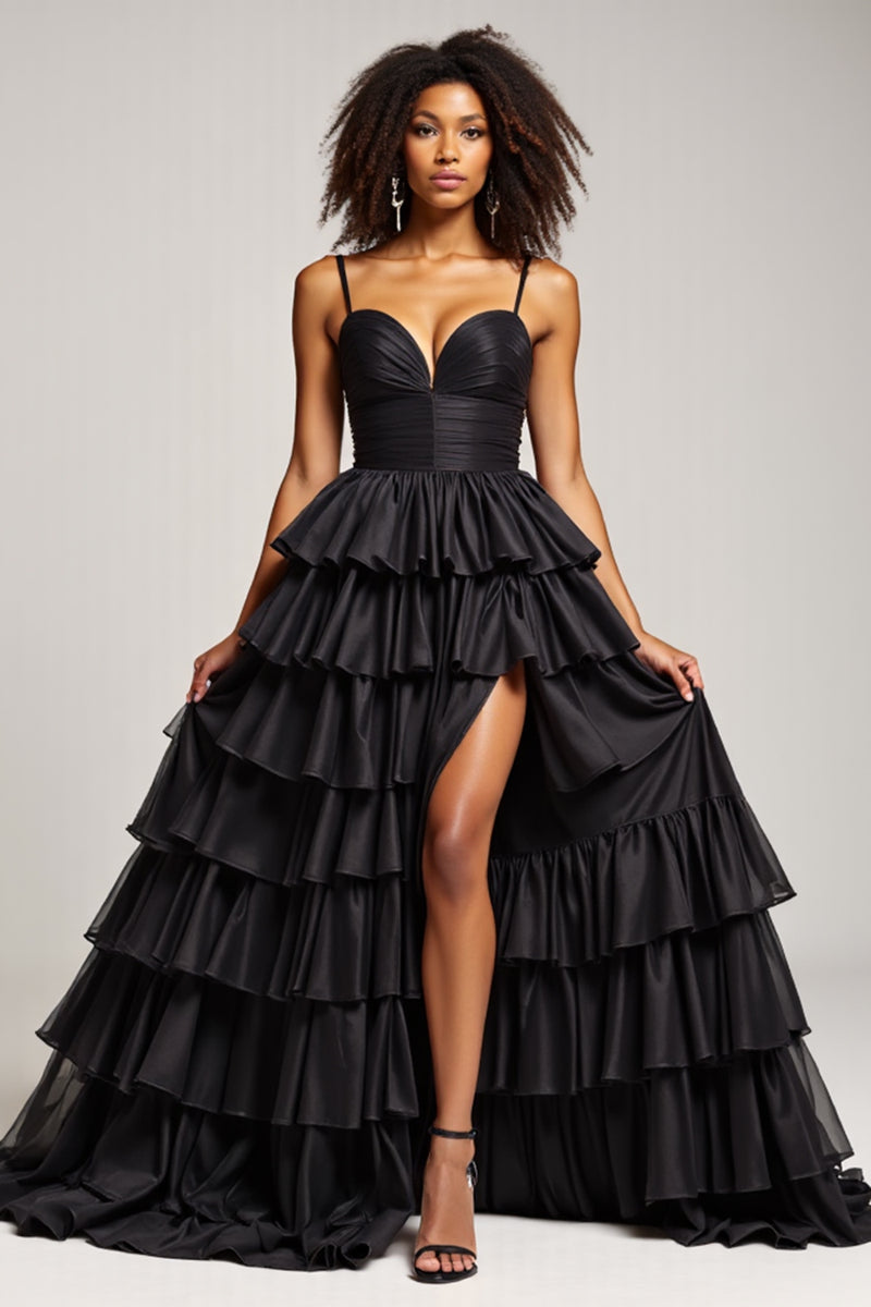 Load image into Gallery viewer, Black Ball Gown Long Tiered Prom Dress With Slit