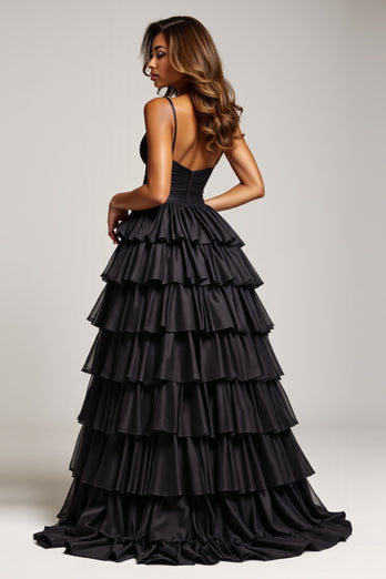 Black Ball Gown Long Tiered Prom Dress With Slit