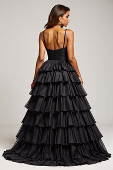 Black Ball Gown Long Tiered Prom Dress With Slit