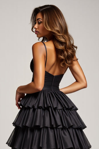 Black Ball Gown Long Tiered Prom Dress With Slit