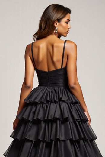 Black Ball Gown Long Tiered Prom Dress With Slit