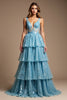 Load image into Gallery viewer, Sparkly Blue A Line V-Neck Long Prom Dress with Lace