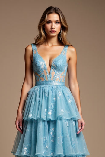 Sparkly Blue A Line V-Neck Long Prom Dress with Lace