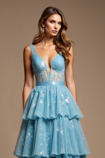 Sparkly Blue A Line V-Neck Long Prom Dress with Lace