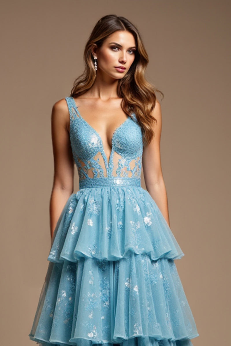 Load image into Gallery viewer, Sparkly Blue A Line V-Neck Long Prom Dress with Lace