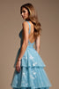 Load image into Gallery viewer, Sparkly Blue A Line V-Neck Long Prom Dress with Lace