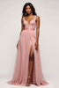 Load image into Gallery viewer, Dusty Rose A Line V-Neck Long Tulle Prom Dress with Slit