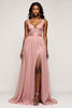 Load image into Gallery viewer, Dusty Rose A Line V-Neck Long Tulle Prom Dress with Slit