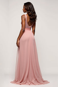 Dusty Rose A Line V-Neck Long Tulle Prom Dress with Slit