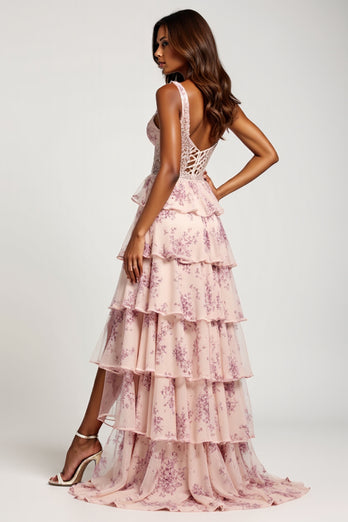 Blush Flower A Line Chiffon V-Neck Long Prom Dress with Slit