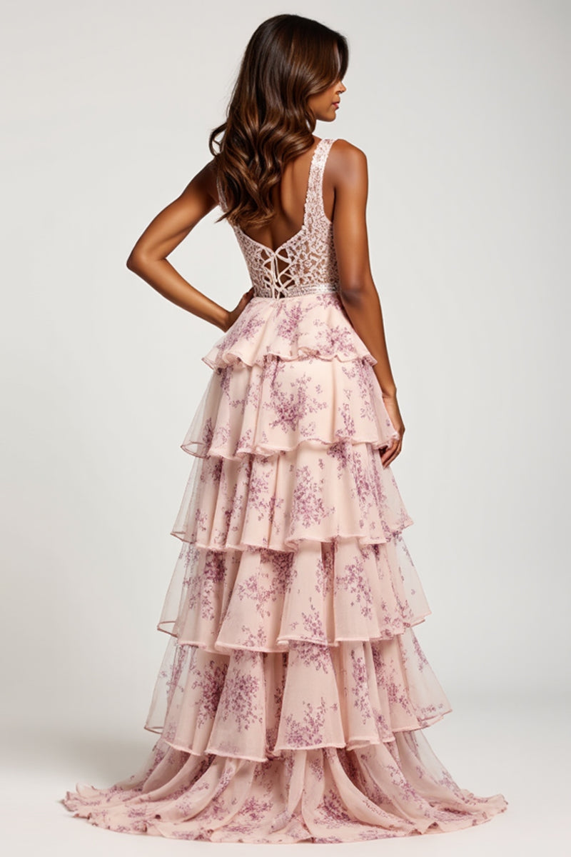 Load image into Gallery viewer, Blush Flower A Line Chiffon V-Neck Long Prom Dress with Slit