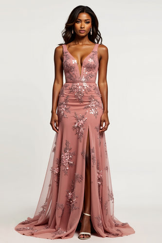 Dusty Rose Sheath Tulle V-Neck Long Prom Dress with Slit