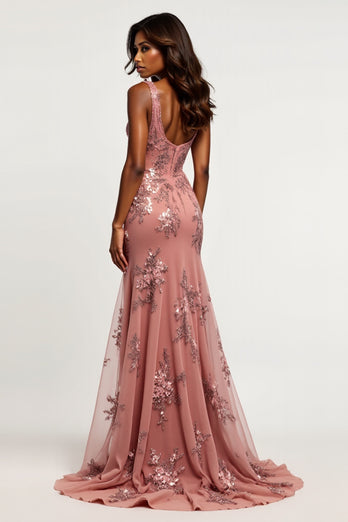 Dusty Rose Sheath Tulle V-Neck Long Prom Dress with Slit